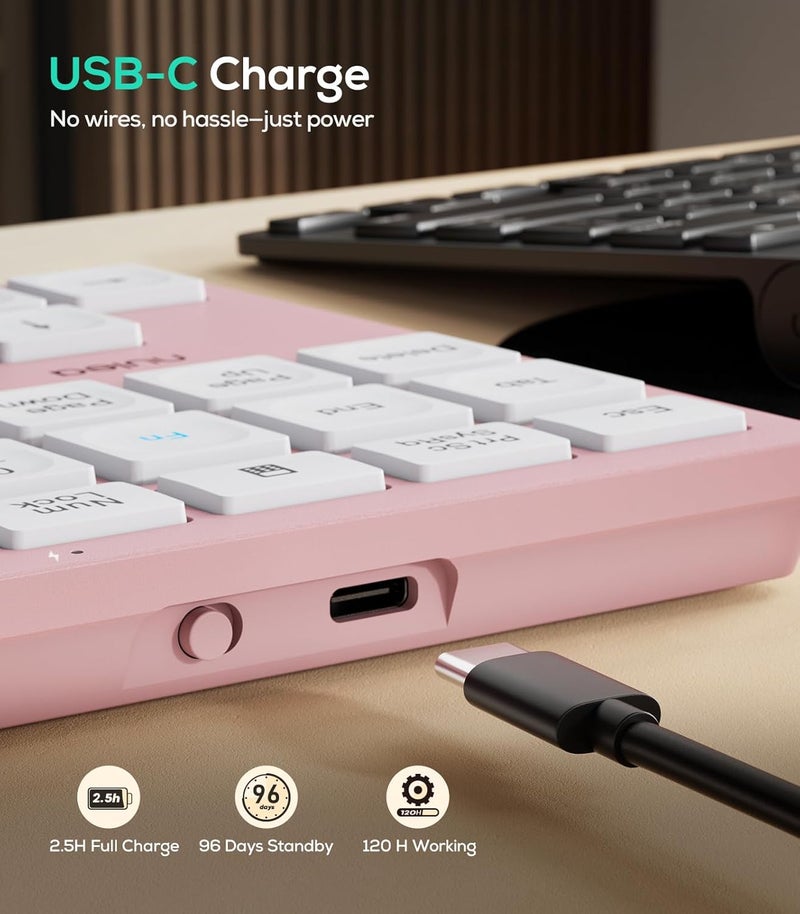 Nulea Wireless Number Pad Bluetooth 5.0 & 2.4G Portable Numeric Keyboard, USB-C Rechargeable, 34-Keys Bluetooth Keyboard for Data Entry (Pink) - Image 4